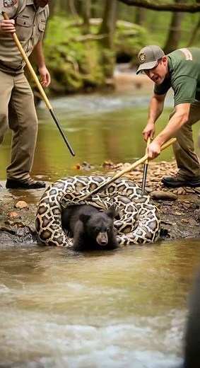 A Burmese python coiled around a black bear cub.