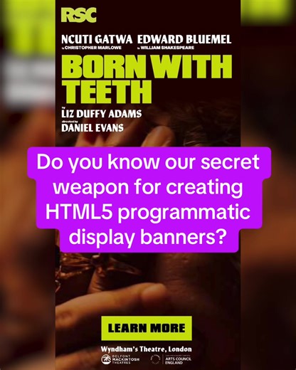 Do you know our secret weapon for creating HTML5 programmatic display banners? We create ultra optimised ads with INCREDIBLE impact, in TINY file sizes AND premium, ‘looks-like-rich-media’ ads, that look like video from pngs & jpegs, using our top secret techniques. What does this actually mean for you? Our files are SUPER user friendly (lightening quick speed, high quality artwork, lower data costs, enhanced performance = won’t slow blow your ad serving budget) You get: ✅Premium, multi layered 