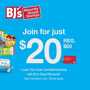 Get rolling with BJ’s limited-time offer – just $20 (REG. $60) for a year of savings! Enjoy everyday low prices on all your favorites. Terms apply. | BJ's Wholesale Club