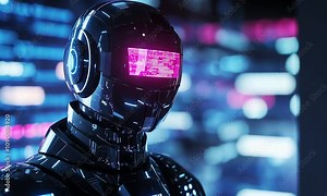 Futuristic android robot with glowing neon visor in a digital cityscape