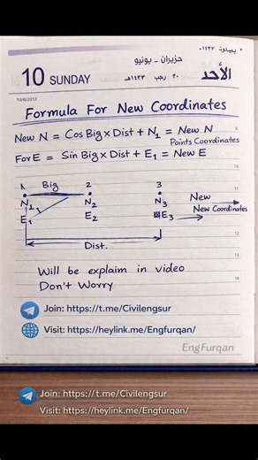Civil Engineer Surveyor on Instagram: "📐 Formula for New Coordinates | Surveying Basics Learn how to calculate new Northing (N) and Easting (E) using bearing and distance — explained in a simple visual format for students, surveyors, and civil engineers. ✅ New N = Cos(Bearing) × Distance + N₁ ✅ New E = Sin(Bearing) × Distance + E₁ 📌 Clear diagram included 📌 Step-by-step concept 📌 Useful for field surveying & exams 🔗 Join my Telegram Channel: 👉 https://t.me/Civilengsur 🌐 Visit Website: 👉 