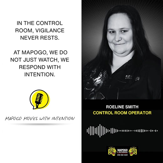 Next up on 30 Seconds with Mapogo | Roeline Smith – Control Room “Vigilance never rests.” At Mapogo, we understand that real security starts behind the scenes. In the control room, vigilance never rests, every signal monitored, every call answered, every movement tracked with precision and purpose. By staying alert 24/7 and responding with focus and discipline, threats are identified before they escalate. That’s how awareness becomes action, and action becomes protection. That’s the Mapogo Advan