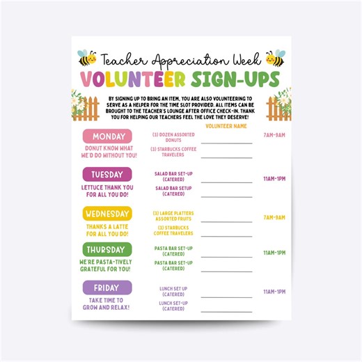 Volunteer Sign up Sheet for Teacher Appreciation Week, Editable in Canva, PTO PTA Sign Up, Plant Theme (digital Download) - Etsy