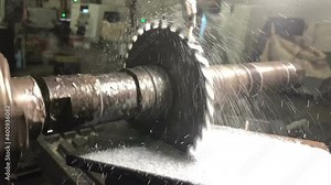 Metalworking.disk detachable mill cuts detail on universal horizontally milling machine,cutting process occurs with great vibration, Cutting fluid specifically for metalworking processes, slow motion