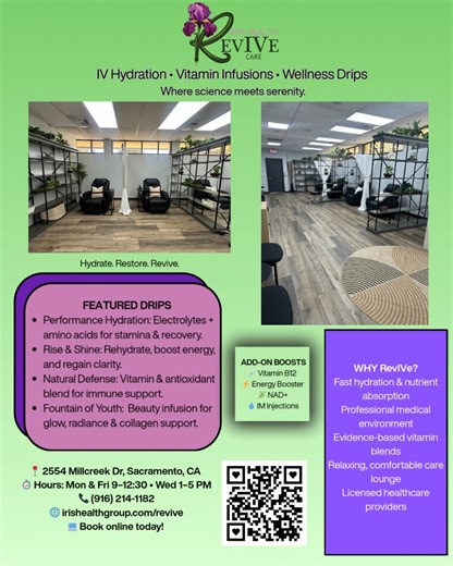 Discover the revIVe Care Lounge ✨ Hydration, energy, immunity, and glow — all in one relaxing, clinical-grade space. Now accepting new patients at our brand-new Sacramento location! Book your IV therapy session today: irishealthgroup.com/revive | Iris Health