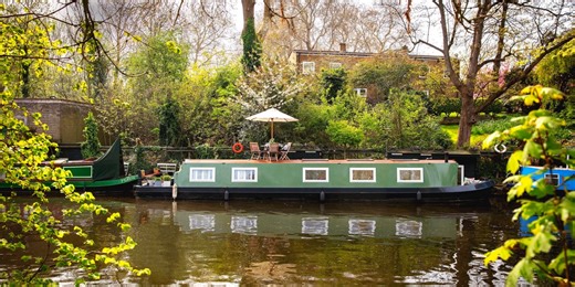 Inside a sleek canal boat on Regent's Canal in London