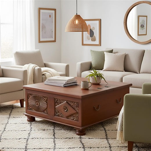 Large Reclaimed Wood Coffee Table Trunk With Storage | Square Hand Carved Indian Chest | Rustic Farmhouse Cocktail Table | Solid Wood Decor - Etsy