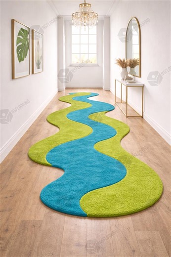 Modern Wavy Runner Rug Blue Green, Abstract Hallway Runner Rug, Plush Contemporary Entry Way Floor Rug, Modern Home Decor 2x12, 2.6x12, 3x12 - Etsy