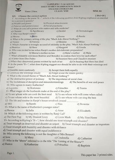 ICSE Class 8 English Literature | Half Yearly Question Paper 2024-25 | Previous Year Paper