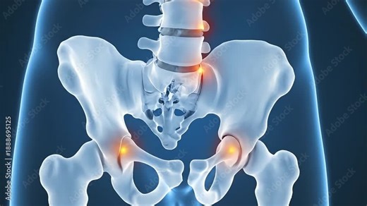 3D medical animation illustrating scoliosis diagnosis through detailed x-ray visualization of the human pelvis and spine anatomy