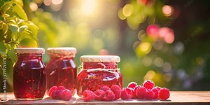 Natural homemade raspberry preserves or jams in a glass jars on a wooden table with berries on blurred garden background. Healthy, increase immunity food. 4K Video