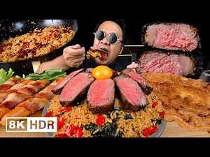 GIANT STEAK & Thai Basil Fried Rice with Crispy Omelet! (ASMR Mukbang)