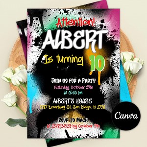 Editable Graffiti Birthday Invitation, Retro Graffiti Party Invite, Spray Paint Party Invite, Any Age, Street Style Invite, Canva Template - Etsy