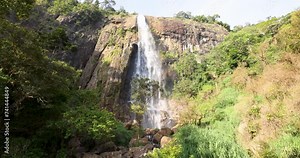 View of Diyaluma water fall from the ground looking up in Ella, Badulla District of Uva Province, Sri Lanka