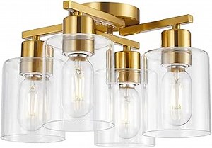 4 Light Semi Flush Mount Ceiling Light Brushed Gold Kitchen Lighting Fixtures Ceiling Brass Hallway Cieling Lights Fixture with Clear Glass Shade for Bedroom Dining Room