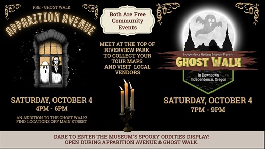 The Ghost Walk, a free community event hosted by the Heritage Museum, returns on Saturday, October 4, 2025! Pick up your Ghost Walk maps at either the Umpqua Bank parking lot or Riverview Park by the fountain. Arrive early and enjoy a meal at one of our downtown restaurants! Apparition Avenue kicks off from 4 PM to 6 PM, a pre-ghost walk event where guests can explore off-the-beaten-path locations just a few blocks from Main Street. Don’t miss the vendors by the fountain while you’re there! | Ci