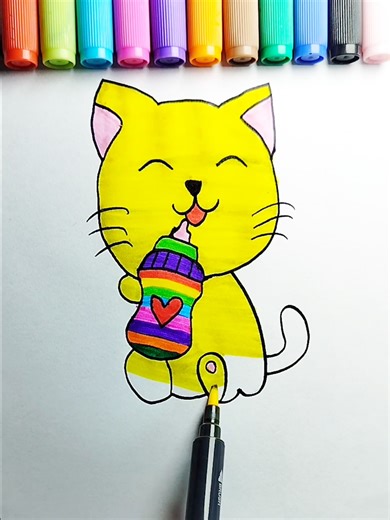 Cute Cat Drawing with Baby Bottle - Coloring Tutorial