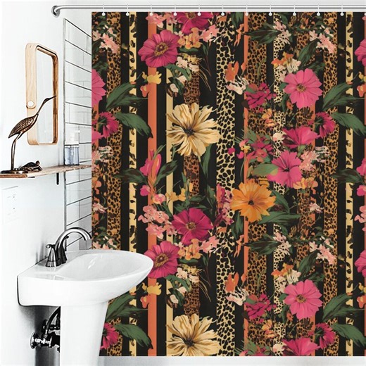Tropical Floral Leopard Print Shower Curtain - Pink Orange Flower Stripe Boho Bathroom Decor - Waterproof Polyester Curtain With Hooks - Etsy