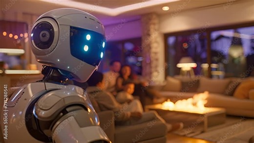 Robot using artificial intelligence interacting with a family in their living room. Concept of technology, robotics and future.
