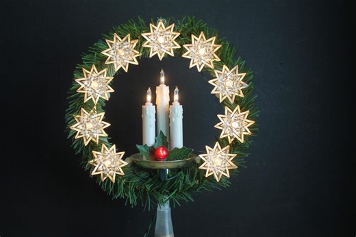 Vintage Lighted Star Tree Topper With Lucite Stars 3 Candles and Greenery 8"