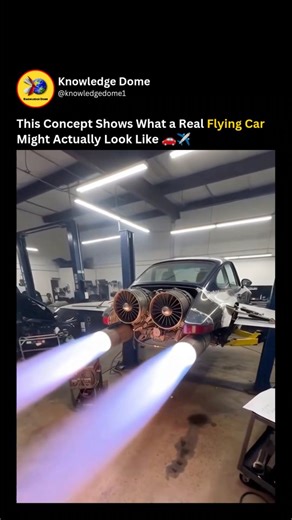 Knowledge Dome on Instagram: "Cars were never built to leave the ground, yet this concept asks what a true flying car might actually be. A jet powered Porsche 911 reconceives the silhouette we know by adding rear mounted turbines for thrust and deployable wing structures for lift and stability. The result reads less like science fiction and more like an experiment at the intersection of automotive design and aerospace physics. Technically the idea leans on aircraft principles rather than fancifu