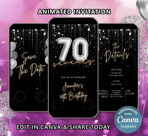 70th Birthday Animated Video Invitation, Editable Canva Invite, Elegant Black Silver Evite (Digital Download)