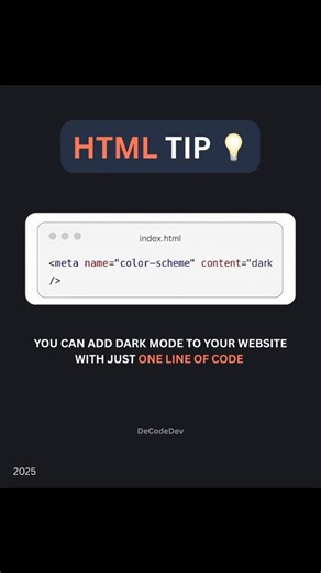 Add Dark theme directly to your HTML 😮 @de.code.dev Learn Coding Frontend development, web development, HTML, CSS, JavaScript, React, Python #webdev #frontenddev #learntocode #javascript #reactjs #codinglife | De.code.dev