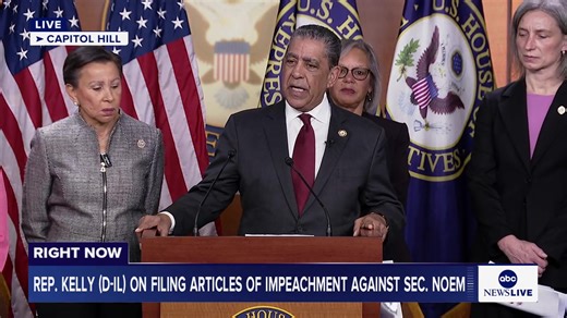HAPPENING NOW: Democratic Rep. Kelly holds a news conference on filing articles of impeachment against Homeland Security Secretary Kristi Noem. https://abcnews.link/tUte2YS | ABC News