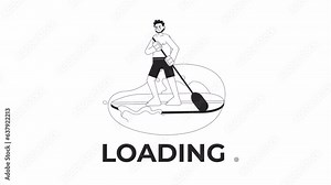 Indian man paddleboarding on lake black and white loading animation. Guy in swimwear standing up paddle board outline 2D cartoon character 4K video loader motion graphic. Sup surf waiting animated gif