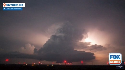 THUNDERSTORM TIMELAPSE⚡️: Check out this incredible timelapse video of a powerful thunderstorm producing vivid lightning as it moved over Snyder, Oklahoma, on Monday. The Plains and Midwest were rocked by severe weather yesterday, and the multiday threat continues today along a 2,000-mile stretch from Texas to New York. More: https://www.foxweather.com/weather-news/new-york-texas-severe-storms-tornadoes-hail-april | FOX Weather