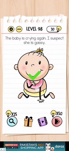Brain test Level 98 baby is crying again i think she is gassy Walkthrough