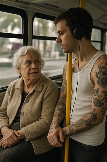 On the bus, an elderly woman was scolding a young man for his tattoos, and the young man didn’t pay her any attention… until this happened… 😨😨 On the bus, the elderly woman would look at the young man in a white tank top, at his tattoo-covered arms, then suddenly turn to the window and mutter something under her breath. The young man, wearing headphones, seemed completely detached — the music drowned out all the voices around him, and he didn’t even notice the sideways glances. But at one poin