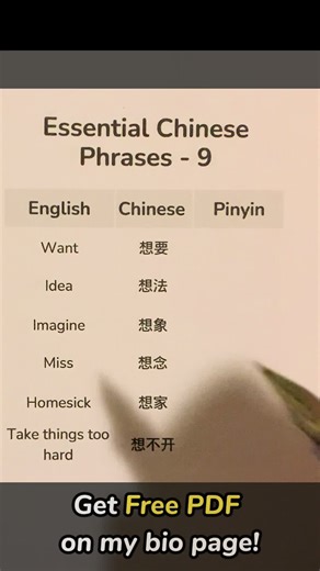 in this video we will learn 6 Essential Chinese phrases： Want 想要 Idea 想法 Imagine 想象 Miss 想念 Homesick 想家 Take things too hard 想不开 #hsk2 #hsk1 #chinesevocabulary #chineseforbeginners #pinyin #learnchinese #learnmandarin #chinesevocabulary #mandarin #mandarinteacher #mandarintutor #chineseteacher #mandarinchinese #chinesetutorial #中文 #汉语 #中文学习 #汉语老师 #普通话 #国语学习 #外国人