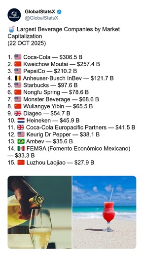 🥤 Largest Beverage Companies by Market Capitalization 🌍 The global beverage industry is massive — from soft drinks to premium spirits — and these companies dominate markets across continents. Their valuations show just how influential the world’s top drink producers truly are. 📊 From iconic American brands to rapidly growing Chinese giants, each company on this list has built a worldwide presence through strong branding, distribution power, and billions in annual revenue. 💬 Which company on 