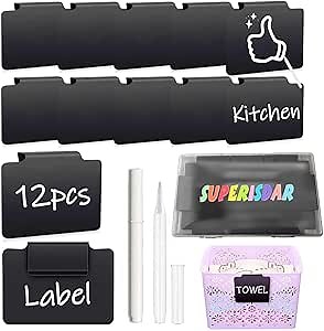 Basket Labels Clip with Plastic Storage Case &2 White Chalk board Markers for 12 Hanging Bins Pantry Organization Removable Small chalkboard Clips label Holder, Home Laundry Fabric Sorting
