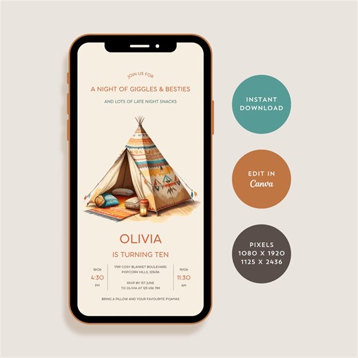 Boho Slumber Party 13th Birthday Invitation Kids, Girls Sleepover Invitation for Any Age, 10th Birthday Pajama Party, Digital Download Canva - Etsy