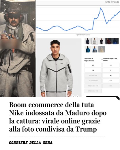 Virale fa rima con Carnevale. Chissà, sarà forse stato anche per disporre di un nuovo travestimento legato all'attualità che moltissimi utenti, nelle ore immediatamente successive alla cattura di Nicolás Maduro, si sono precipitati sullo store online della Nike. Il motivo? Accaparrarsi quanto prima la tuta grigia indossata dall’ormai ex presidente venezuelano a bordo della USS Iwo Jima nella sua prima foto postata da Trump su Truth. Risultato: svariate taglie al momento esaurite nei negozi virtu