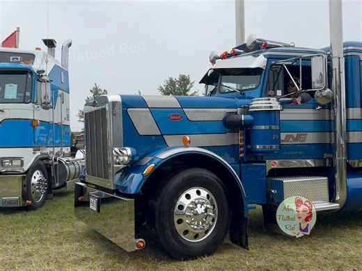 100K views · 3.6K reactions | Peterbilt & Freightliner leaving truck show hauling more antiques | Miss Flatbed Red | Facebook