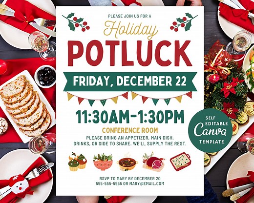 Editable Holiday Potluck Flyer: Christmas Work Party Invite (canva Template) - Etsy