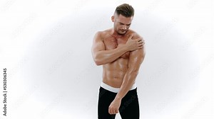 Man athlete pumped up arm pain from overexertion of strong training, sprained muscles and tendons, sports arm injury in professional sports, health