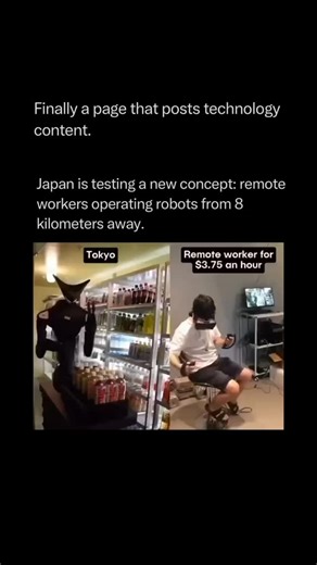 Artificial Intelligence • Technology on Instagram: "👉 Follow @explaining.tech to learn everything about technology one post at a time 🧠⚙️ Japan is taking remote work to a whole new level,literally. Engineers are testing a system where people control physical robots from up to 8 kilometers away. Through VR headsets and haptic gloves, remote operators can “see,” “feel,” and move the robot in real time — stacking shelves, serving customers, or doing complex tasks without ever leaving home. The go