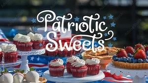 Patriotic-themed dessert table with cupcakes, pies, and strawberries decorated for a Fourth of July celebration outdoors.