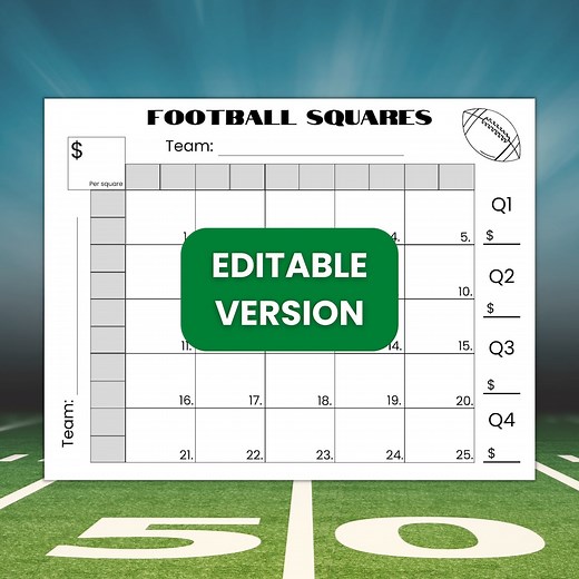 Editable 25 Football Squares Game Printable, Football Fundraiser, Football Betting Game, Football Square Grid, 25 Squares Game - Etsy