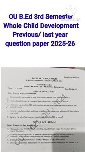 OU B.Ed 3rd Semester | Whole Child Development | Last Year Question Paper | 2025-26