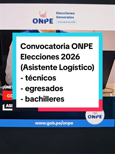 Nuevos empleos en la ONPE para las ELECCIONES GENERALES 2026 Convocatoria (ENERO 2026) para contratar Asistente Logístico ODPE ✅ FORMACIÓN: Titulado Técnico o Egresado Universitario o Bachiller Universitario ✅ EXPERIENCIA: • Si cuenta con título técnico, deberá contar con experiencia general mínima de (05) cinco años en el sector público o privado. • Si es egresado universitario, deberá contar con experiencia general mínima de (07) siete años en el sector público o privado. • Si es bachiller uni