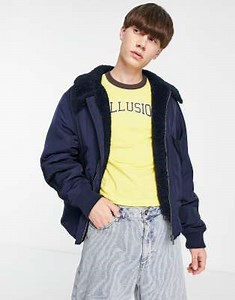 COLLUSION bomber puffer jacket with borg trims in navy | ASOS