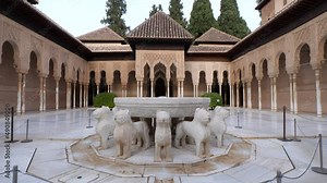 Patio of the Lions, Nasrid Palaces, Alhambra Granada. Moorish Architecture. Unesco World Heritage Spain. Travel in time and discover history. Amazing destinations for holidays.