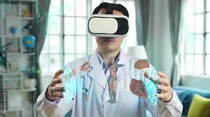 Doctor Using Mr Glasses Virtual Reality Working With Holographic Scan Projection 3D Rendering, Lung, Brain, Heart, Digestive System