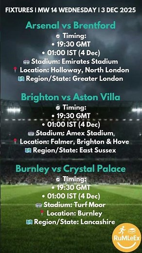 EPL Fixtures | 3 December 2025 | MW14 | Arsenal vs Brentford, Brighton vs Aston Villa, Burnleypalace