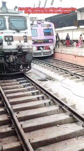 Pink ICF local Train and Wap-7 Locomotive Stop Howrah Railway Station in one frame